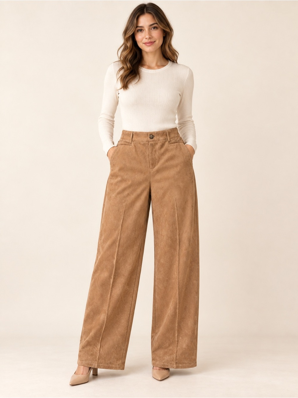 Soho Wide-Leg Corduroy Pants in Camel